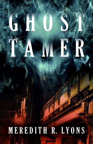 Ghost Tamer by Meredith R. Lyons - a book cover with blue smoke in the shape of a skull overlaid on top of a building