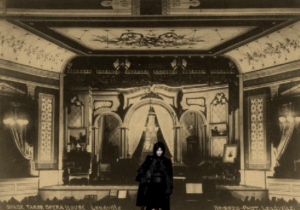 Sepia photograph of an opera house with a spooky ghost in the front