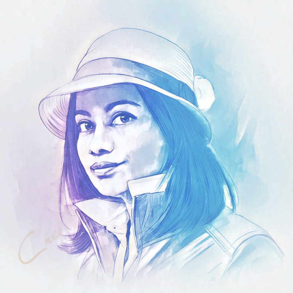 A blue, green, and purple illustration of the author, Roma Cordon