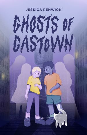 Book cover for Ghosts of Gastown by Jessica Renwick that features a purple book cover with